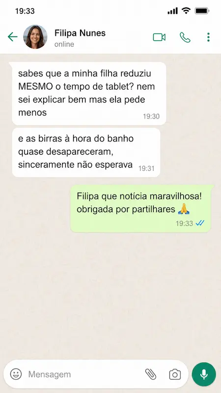 Depoimento de mãe via WhatsApp sobre o Método 15 Minutos Sem Ecrã