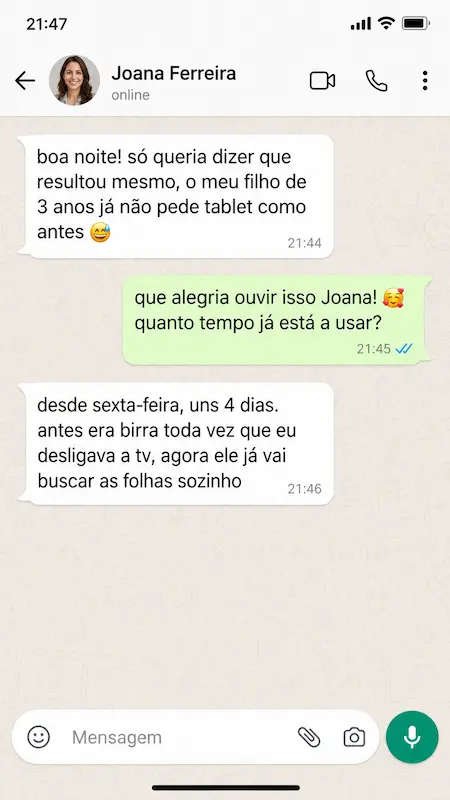 Depoimento de mãe via WhatsApp sobre o Método 15 Minutos Sem Ecrã