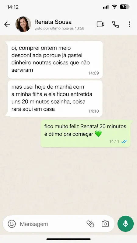 Depoimento de mãe via WhatsApp sobre o Método 15 Minutos Sem Ecrã
